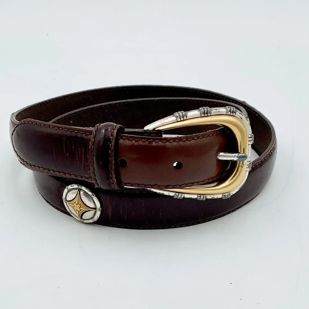 Fossil Brown Leather Belt Two Tone Gold Silver Buckle Western